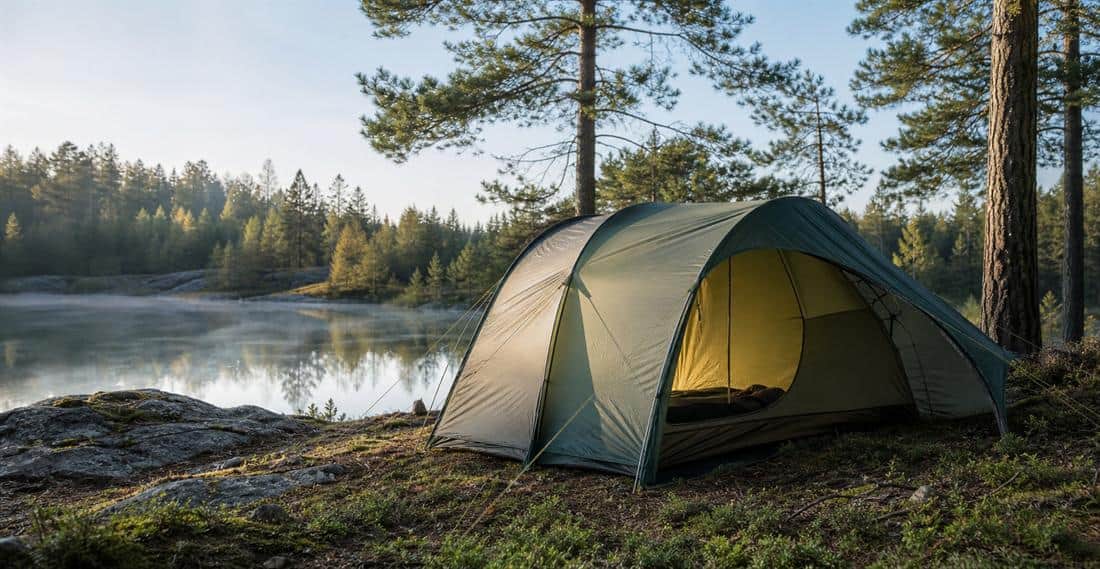 Tält vid svensk skog och sjö
